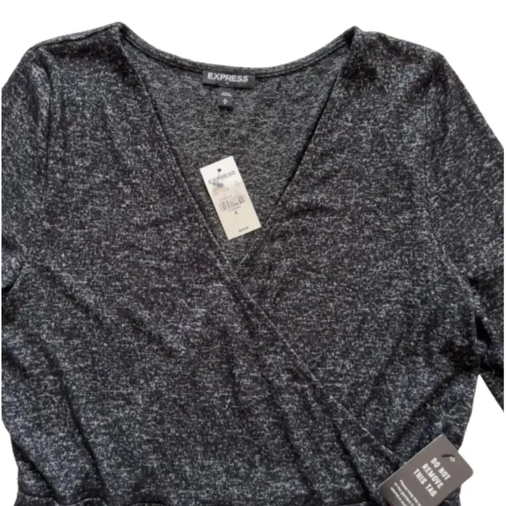 Express Dress Charcoal Gray Jersey Long Sleeve Surplice V- Neck Dress Medium NEW